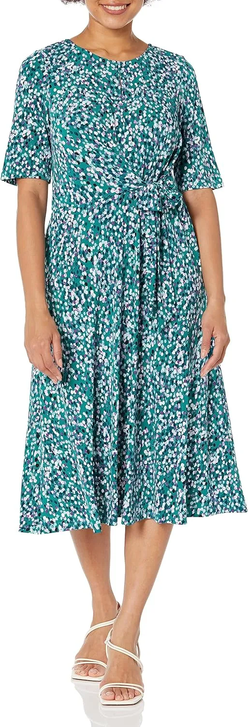 London Times Women's Side Waist Tie Fit and Flare Dress