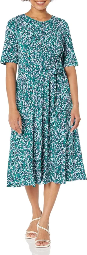London Times Women's Side Waist Tie Fit and Flare Dress