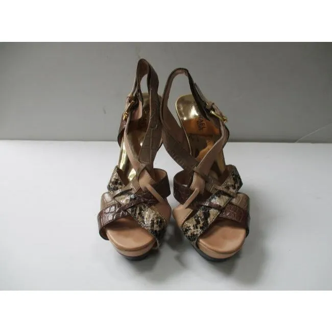 Michael Michael Kors Brown Taupe Beige Gold Edgy Strappy Mmk Croc Lizard Patent Open Toe Sandal Pump
