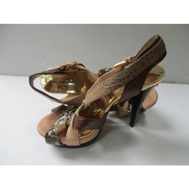 Michael Michael Kors Brown Taupe Beige Gold Edgy Strappy Mmk Croc Lizard Patent Open Toe Sandal Pump