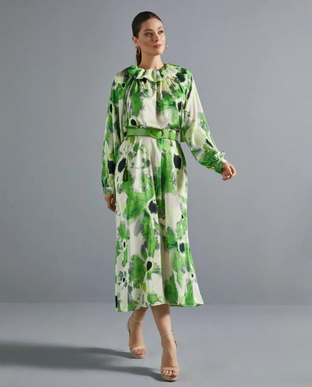 Midnight Garden Floral Print Satin Effect Midi Dress, Green