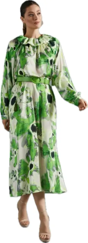 Midnight Garden Floral Print Satin Effect Midi Dress, Green