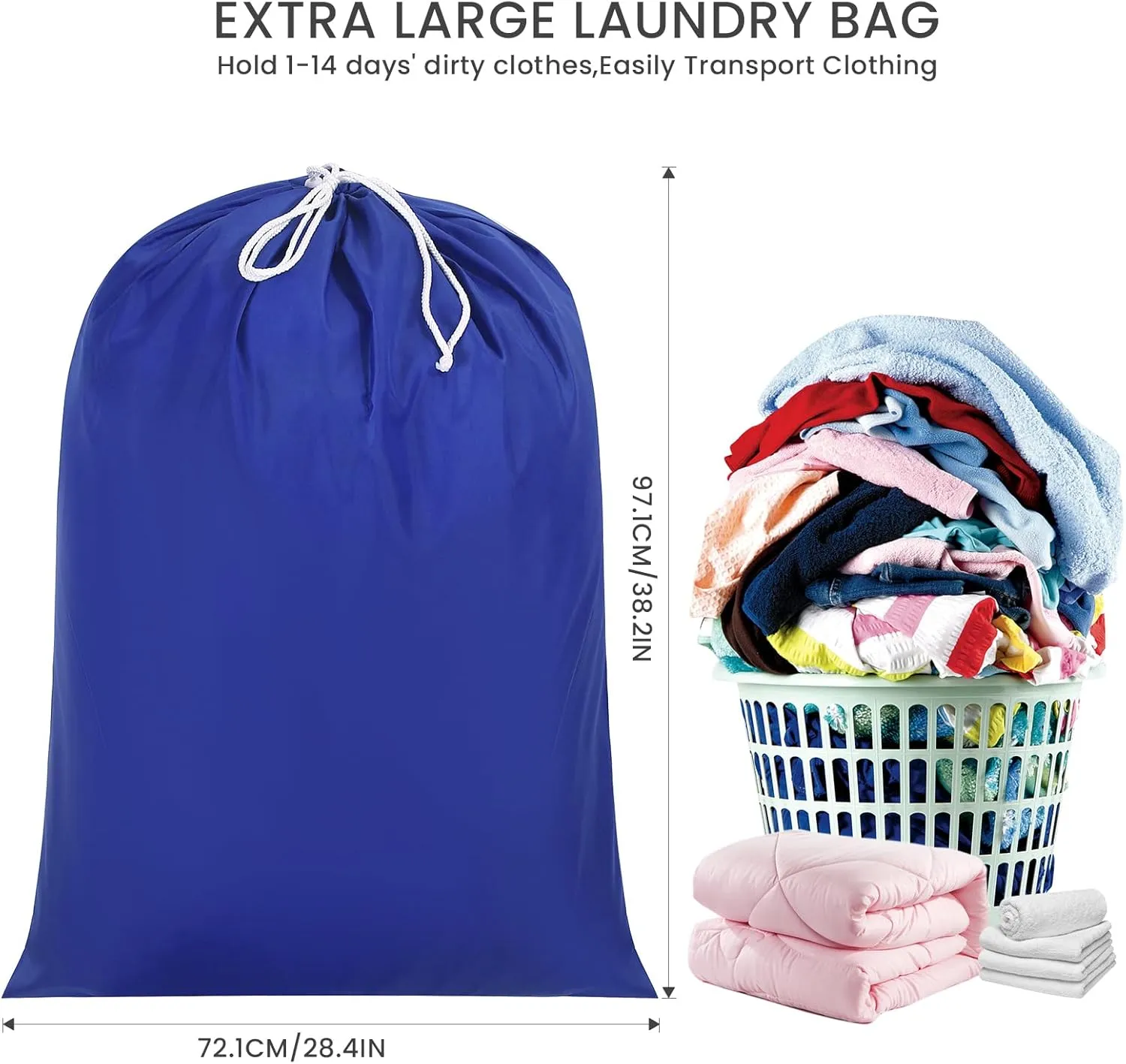 Miss Promation Travel Laundry Bag, Nylon Laundry Bag-Machine Washable Dirty Clothes Organizer with Drawstring，Easy Fit a Laundry Hamper or Basket 28" x 38" (Blue)