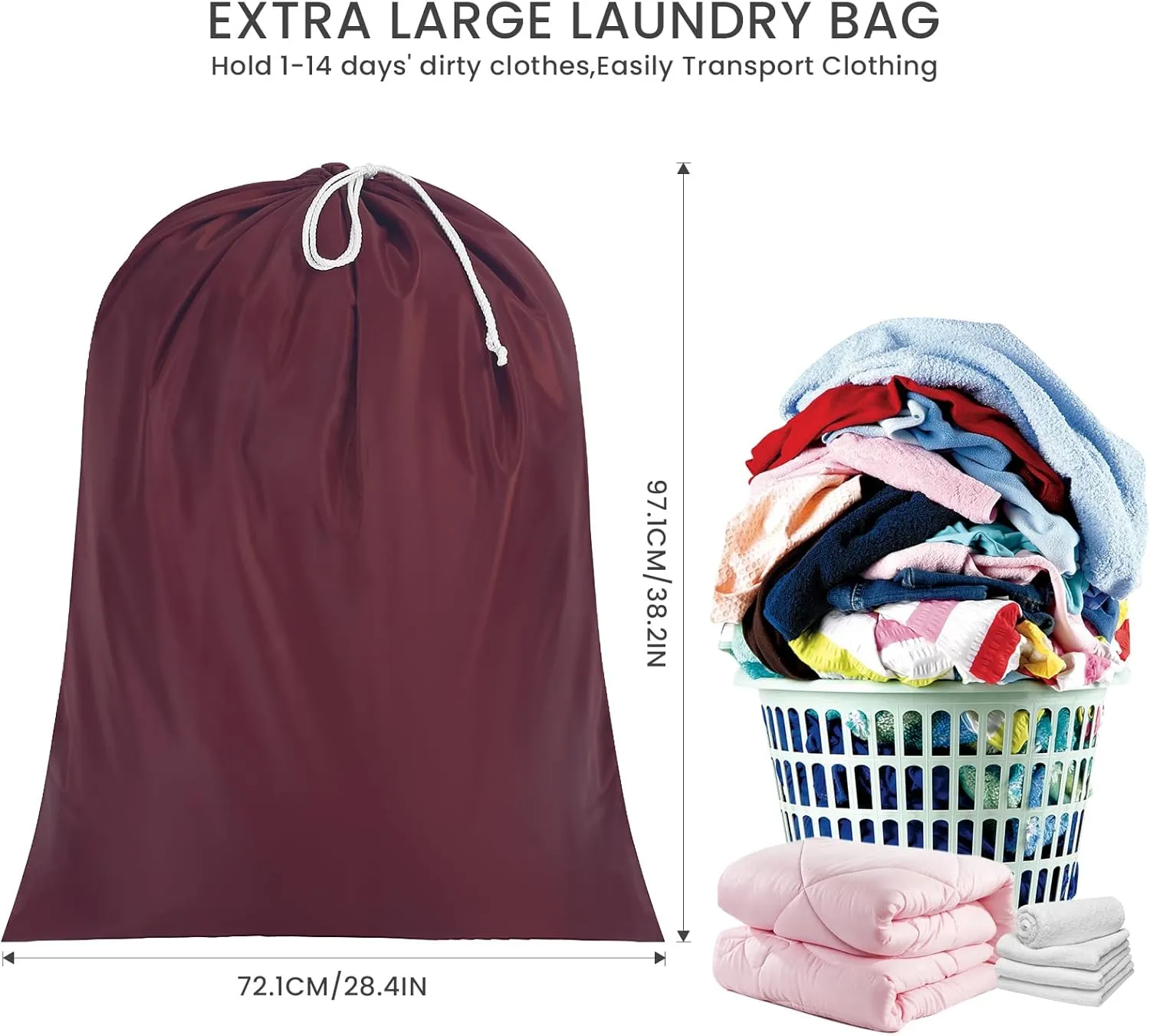 Miss Promation Travel Laundry Bag, Nylon Laundry Bag-Machine Washable Dirty Clothes Organizer with Drawstring，Easy Fit a Laundry Hamper or Basket 28" x 38" (Dark Red)