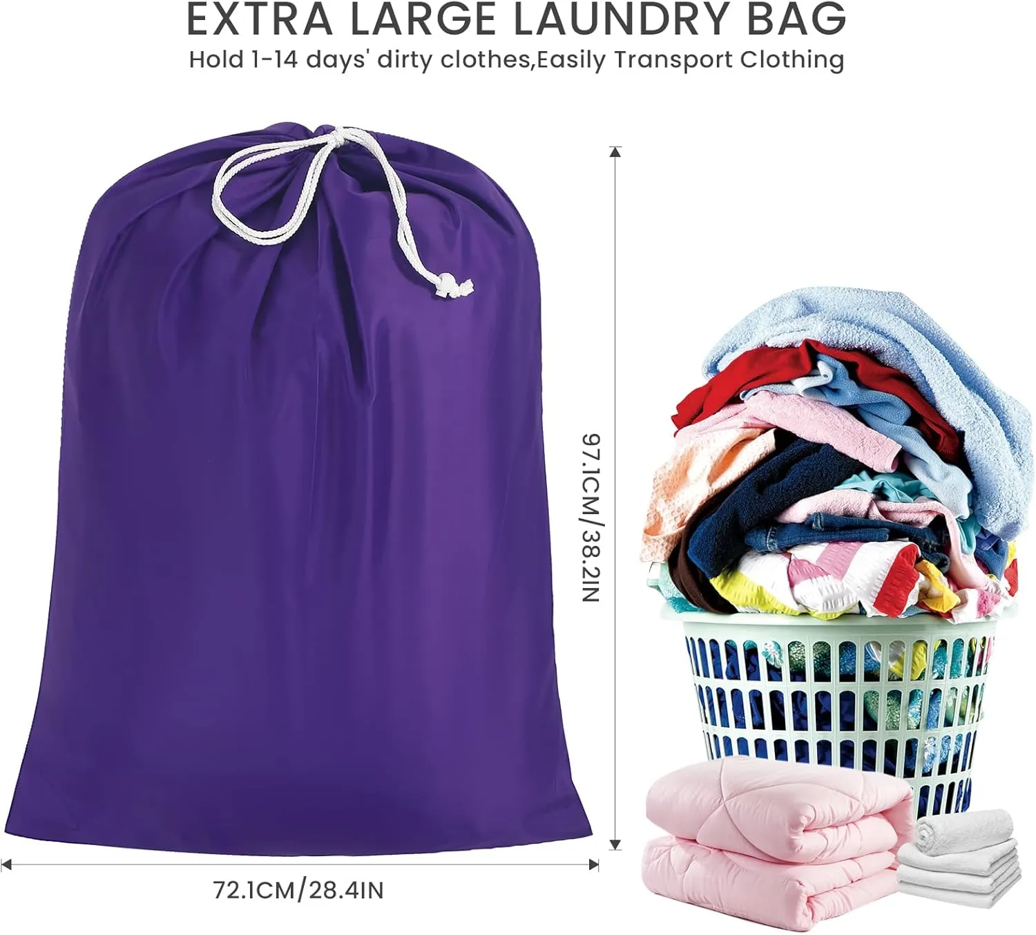 Miss Promation Travel Laundry Bag, Nylon Laundry Bag-Machine Washable Dirty Clothes Organizer with Drawstring，Easy Fit a Laundry Hamper or Basket 28" x 38" (Purple)