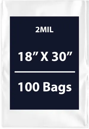 Multiple Sizes Clear Flat Poly Bags, 2Mil 18" X 30" & 100 Bags | Low-Density Polyethylene (LDPE), Flat Open Top Plastic Packaging Packing | Flexible and Durable Plastic Bags