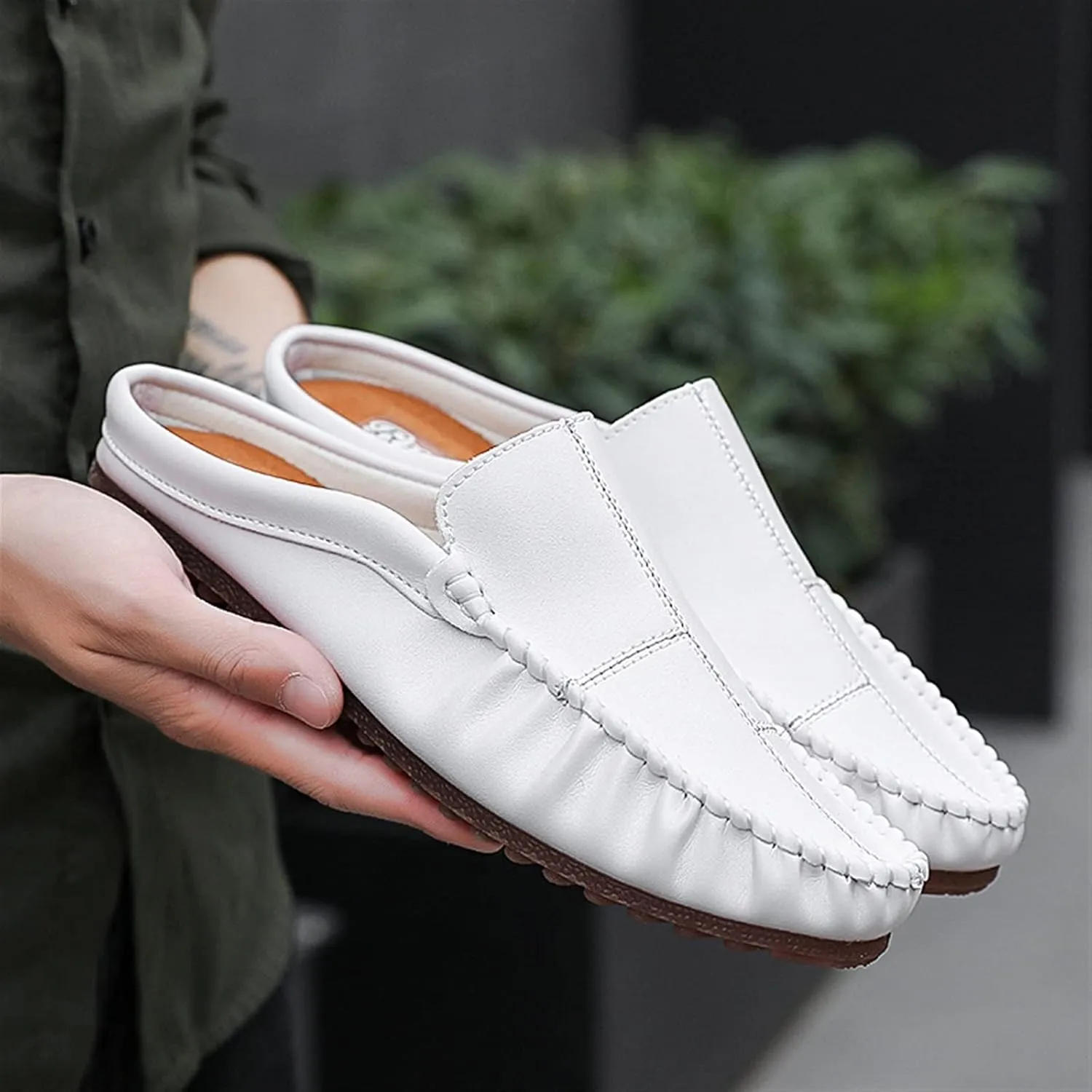 New Mens Loafers Stitching Details Backless Moccasins Shoes Vegan Leather Flat Heel Slip Resistant Flexible Outdoor Party Slip-ons