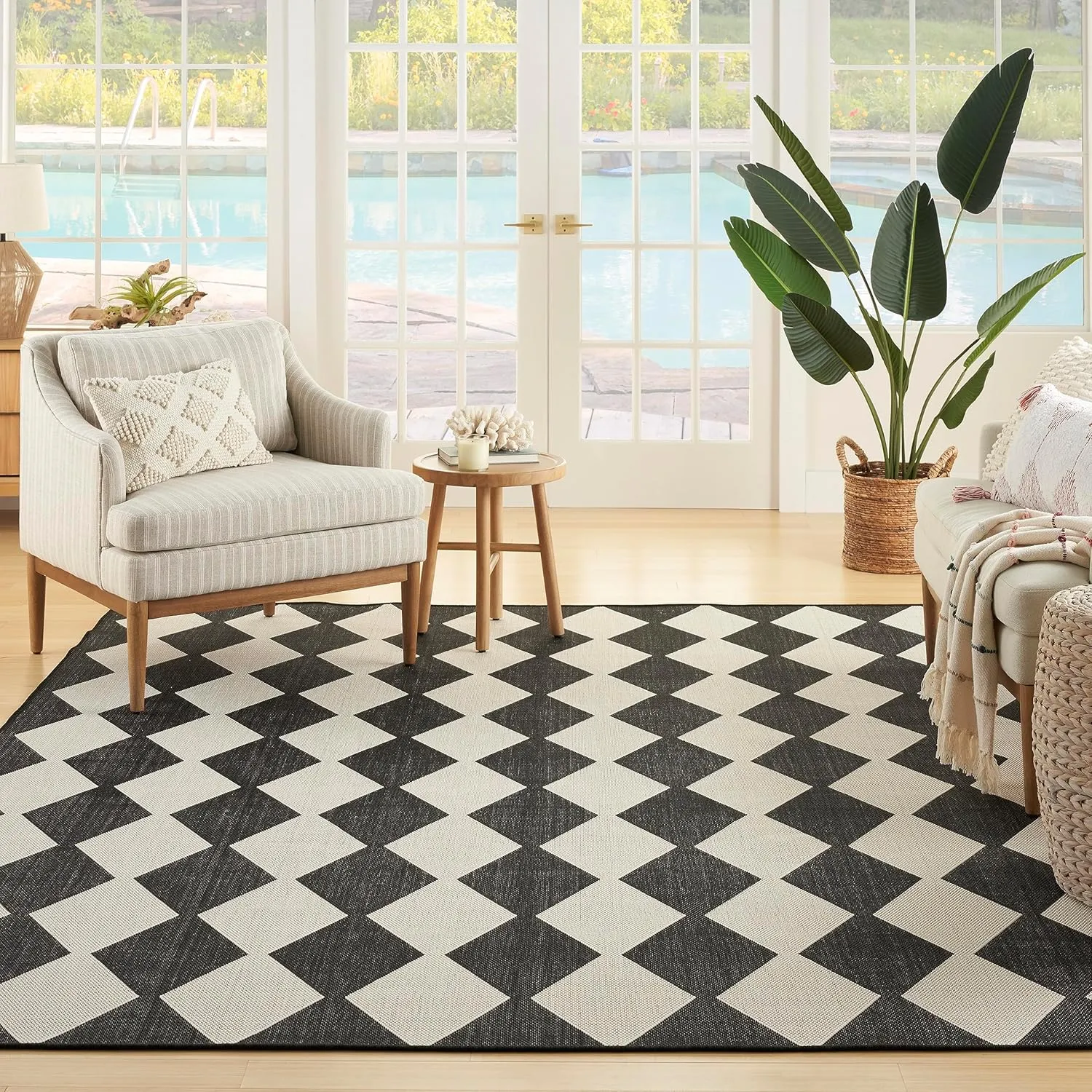 Nourison Positano Indoor/Outdoor Black 6' x 9' Area Rug, Easy Cleaning, Non Shedding, Bed Room, Living Room, Dining Room, Backyard, Deck, Patio (6x9)