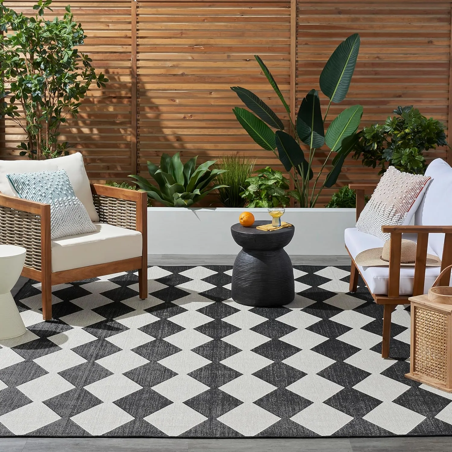Nourison Positano Indoor/Outdoor Black 6' x 9' Area Rug, Easy Cleaning, Non Shedding, Bed Room, Living Room, Dining Room, Backyard, Deck, Patio (6x9)