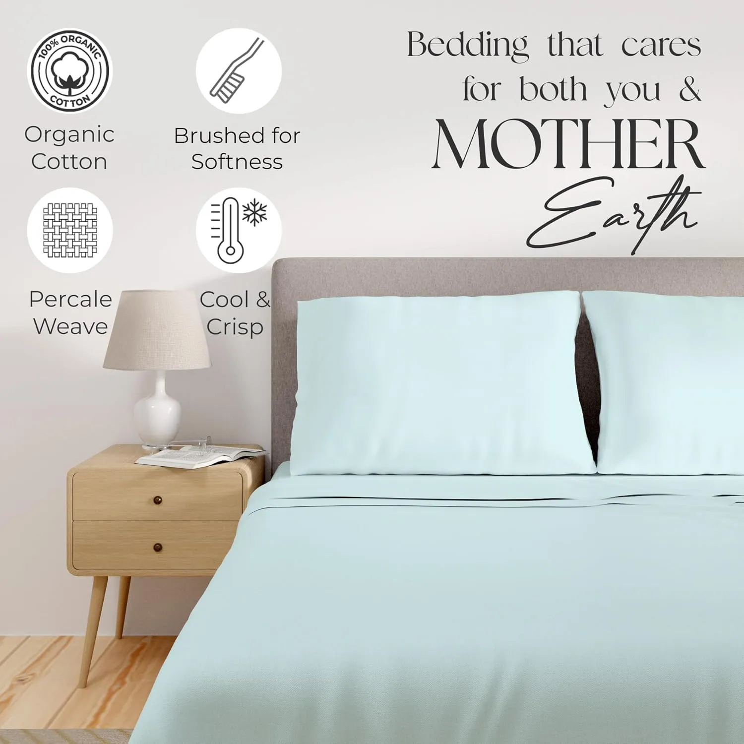 Organic 100% Cotton, Pale Aqua King Size Sheet Set, 4-Piece Deep Pockets Pale Aqua Bed Sheets, Cool & Crisp Percale Sheets for King Size Bed, Easy Fit