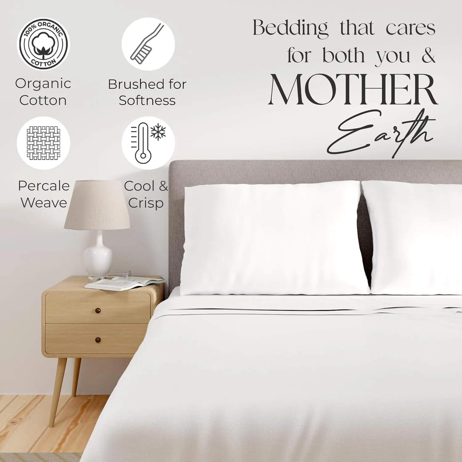 Organic 100% Cotton, Snow White King Size Sheet Set, 4-Piece Deep Pockets Snow White Bed Sheets, Cool & Crisp Percale Sheets for King Size Bed, Easy Fit