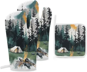 Oven Glove Wilderness Nature Camping Oven Mitts and Pot Holders Sets of 3 Heat Resistant Gloves BBQ Glove Non-Slip Cooking Gloves for Baking Grilling Kitchen Potholders Gloves