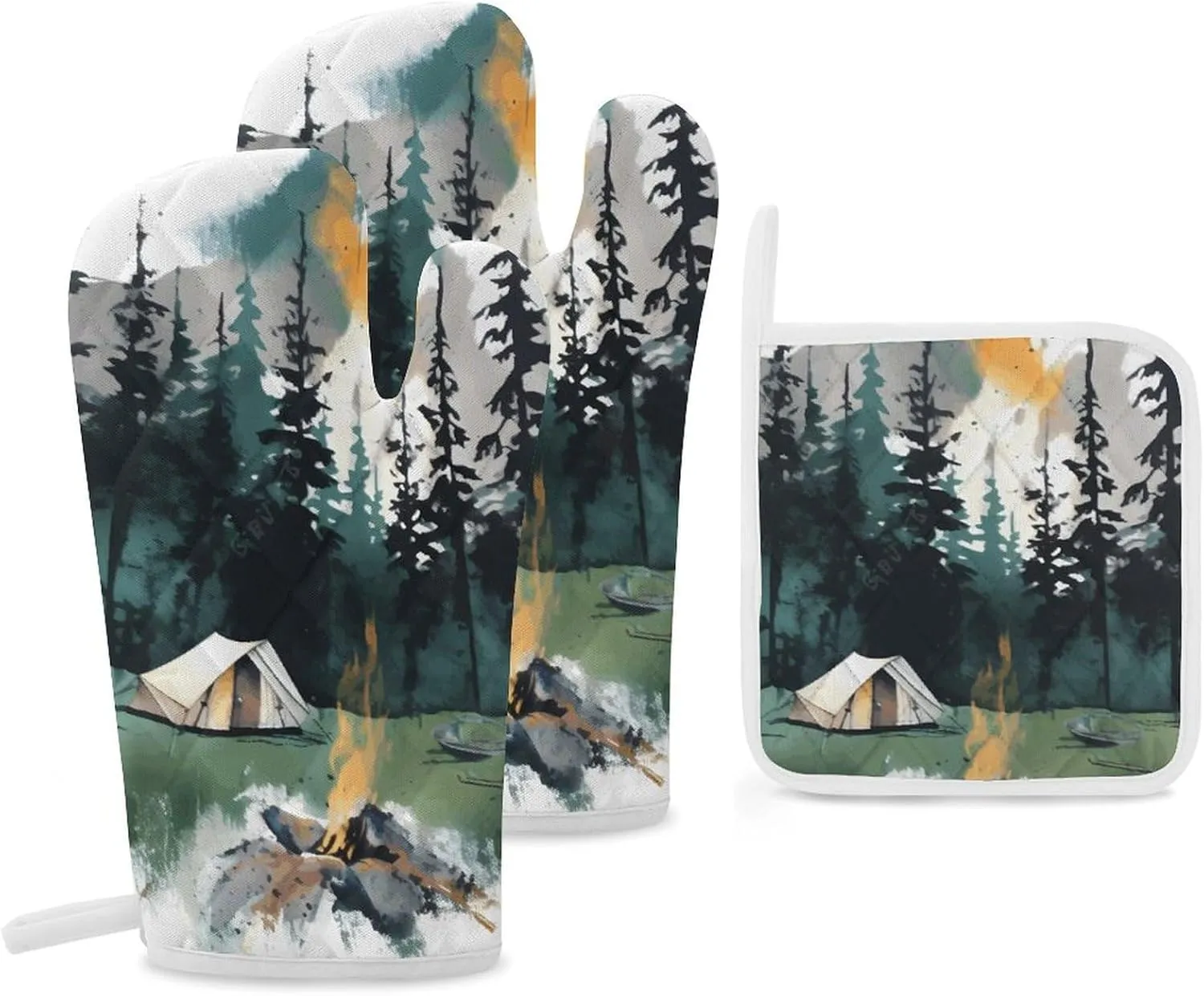 Oven Glove Wilderness Nature Camping Oven Mitts and Pot Holders Sets of 3 Heat Resistant Gloves BBQ Glove Non-Slip Cooking Gloves for Baking Grilling Kitchen Potholders Gloves