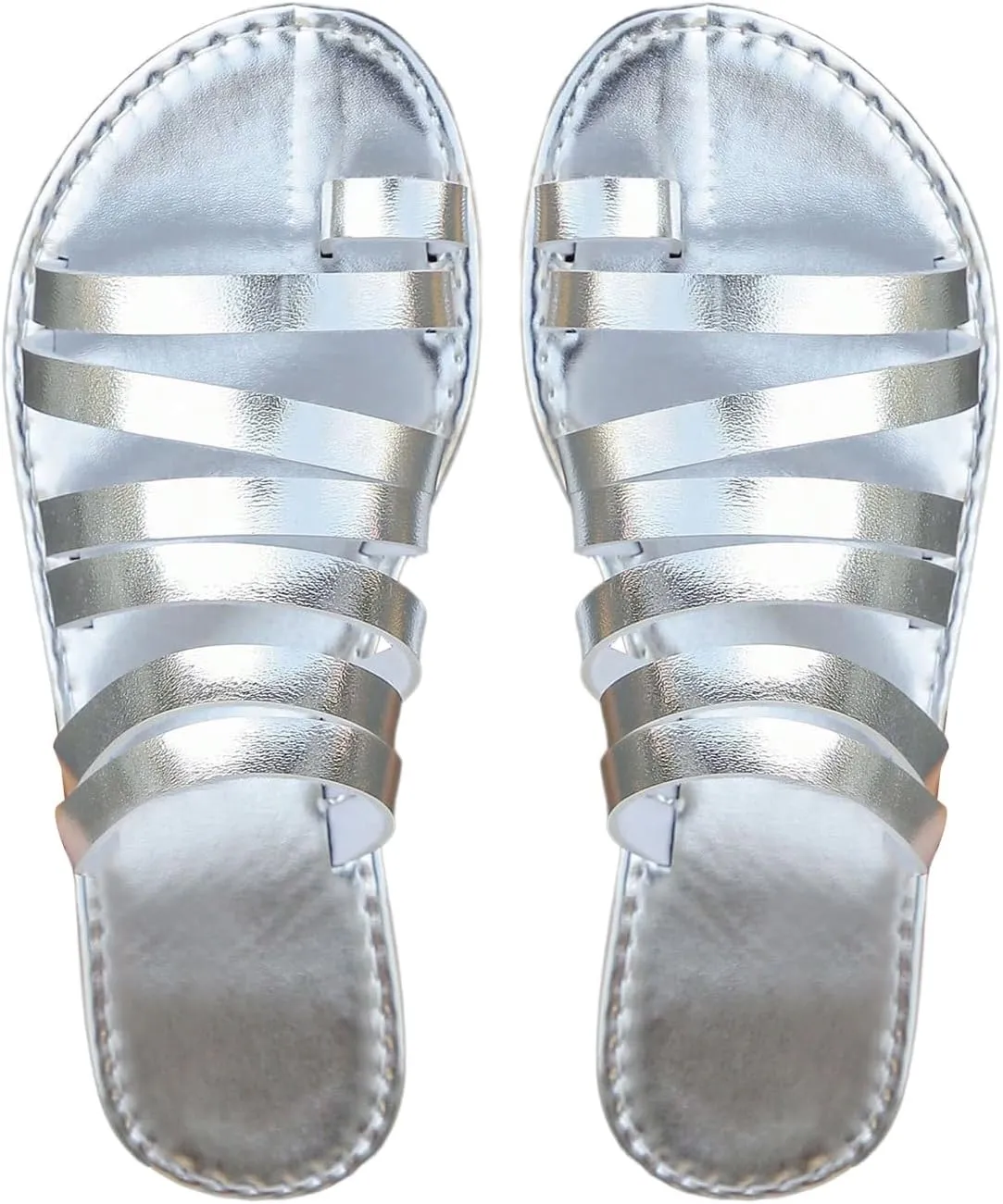 OYOANGLE Women's Metallic PU Leather Toe Post Flat Sandals Open Toe Ankle Strap Sandal Comfortable Walking Slides
