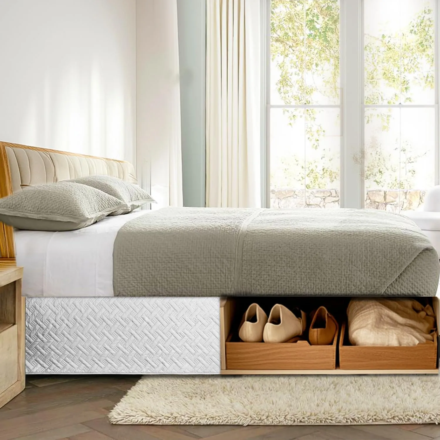 Quilted Bed Skirt 15 inch Drop Fancy Collection Easy Fit Thick Wrap Around Bed Skirt QueenSize Navy Bed Skirt- Ultra Soft, Dust Ruffle,Fade and Wrinkle Resistant Box Spring Cover(White, Queen)