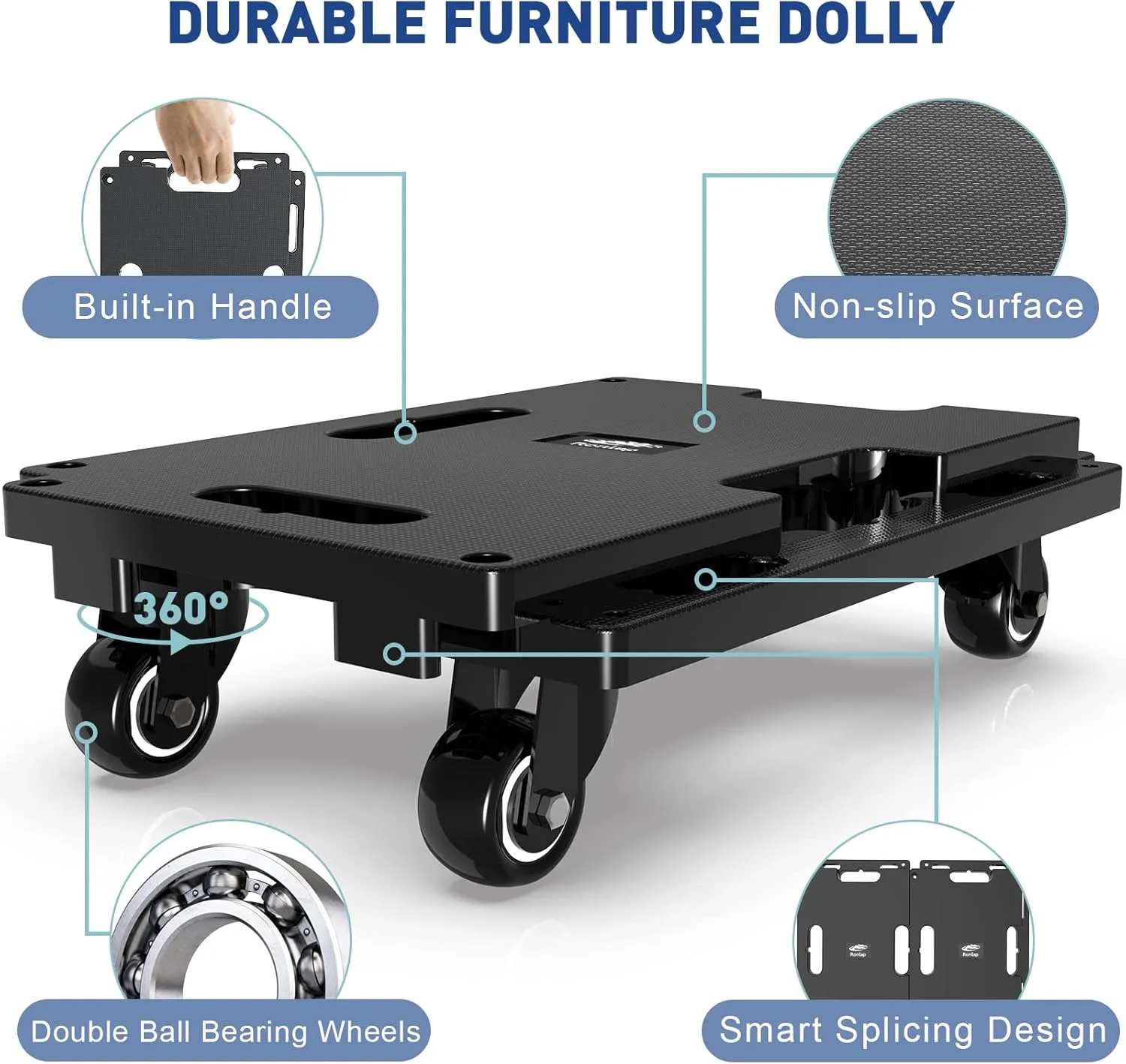 Ronlap Furniture Moving Dolly 4 Wheels Heavy Duty Small Flat Dolly Cart with Wheels Interlocking Furniture Movers Dollies for Moving, 440 Lbs Capacity, 1 Pack, Black