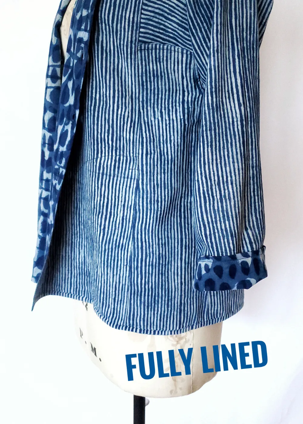 SIX BUTTON BLOUSE in INDIGO BASALT double-resist print