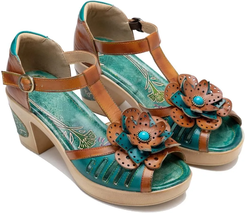 Socofy Women's Sandals Summer Open Toe Chunky Heels Sandals Shoes Handmade Flower Comfy Breathable Comfort Beach Holiday Dress Sandals Ladies Platforms Wedges Sandals T-Strap Slingback Sandals