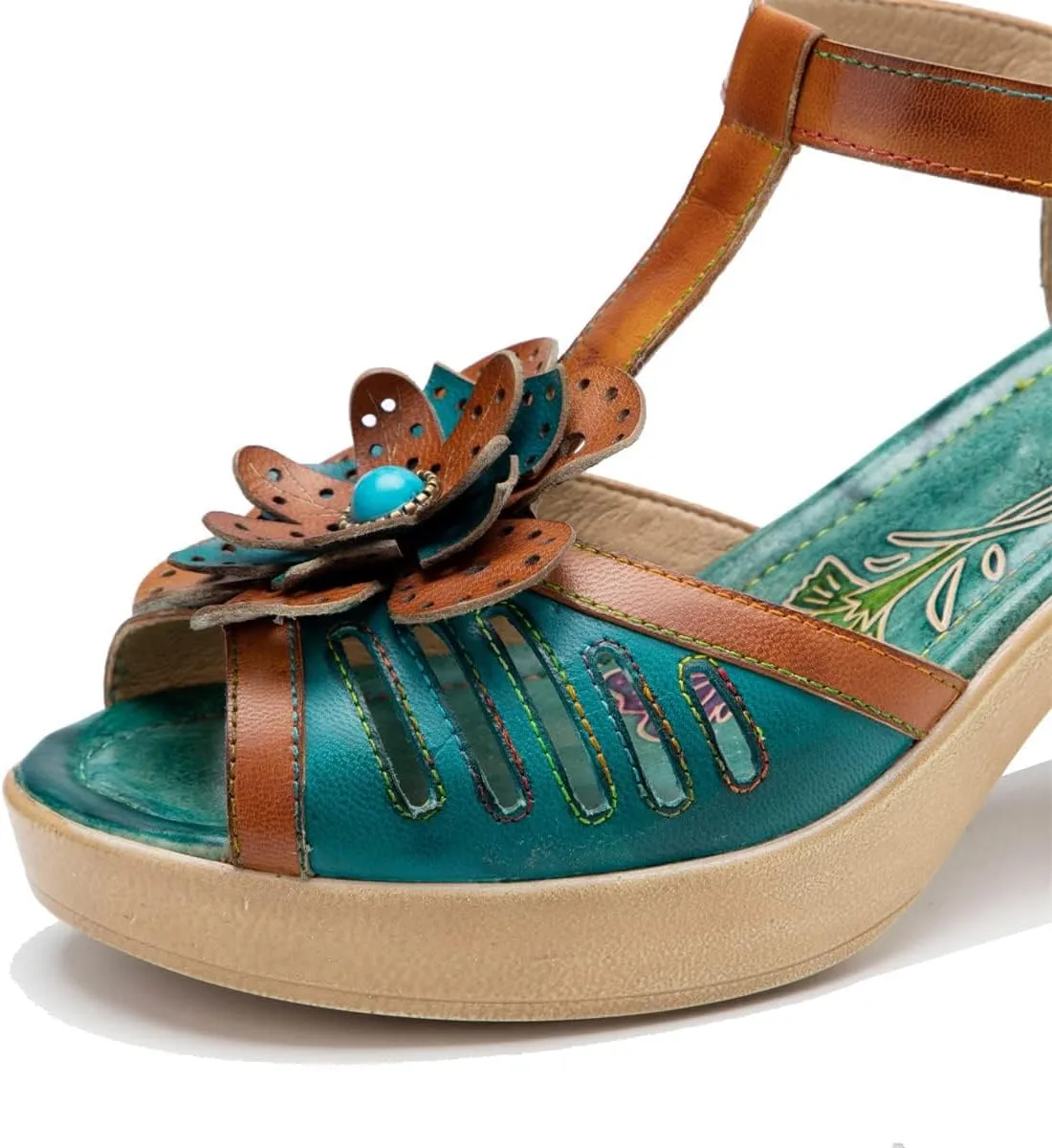 Socofy Women's Sandals Summer Open Toe Chunky Heels Sandals Shoes Handmade Flower Comfy Breathable Comfort Beach Holiday Dress Sandals Ladies Platforms Wedges Sandals T-Strap Slingback Sandals