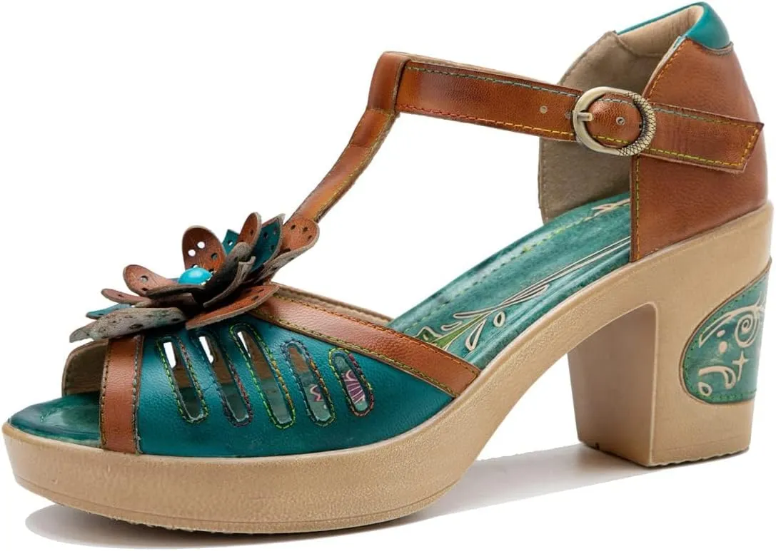 Socofy Women's Sandals Summer Open Toe Chunky Heels Sandals Shoes Handmade Flower Comfy Breathable Comfort Beach Holiday Dress Sandals Ladies Platforms Wedges Sandals T-Strap Slingback Sandals