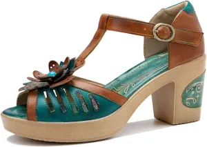 Socofy Women's Sandals Summer Open Toe Chunky Heels Sandals Shoes Handmade Flower Comfy Breathable Comfort Beach Holiday Dress Sandals Ladies Platforms Wedges Sandals T-Strap Slingback Sandals