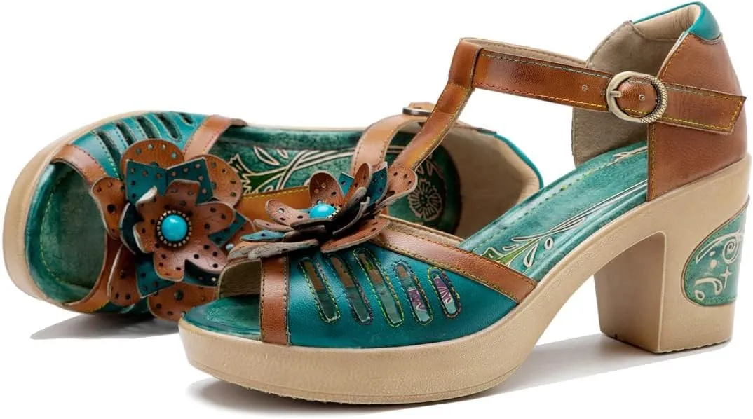 Socofy Women's Sandals Summer Open Toe Chunky Heels Sandals Shoes Handmade Flower Comfy Breathable Comfort Beach Holiday Dress Sandals Ladies Platforms Wedges Sandals T-Strap Slingback Sandals