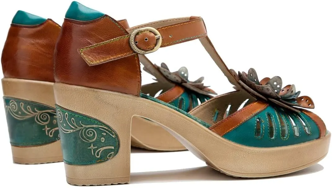 Socofy Women's Sandals Summer Open Toe Chunky Heels Sandals Shoes Handmade Flower Comfy Breathable Comfort Beach Holiday Dress Sandals Ladies Platforms Wedges Sandals T-Strap Slingback Sandals