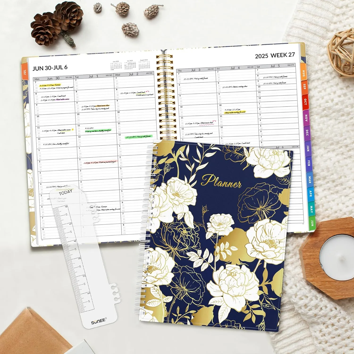 SUNEE 2025-2026 Appointment Book, Quarter-Hourly, Weekly & Monthly - from July 2025 to June 2026, 6.4"x8.3" Academic Planner, Flexible Cover, Note Pages, Pockets, Bookmark, Spiral Binding, Vintage