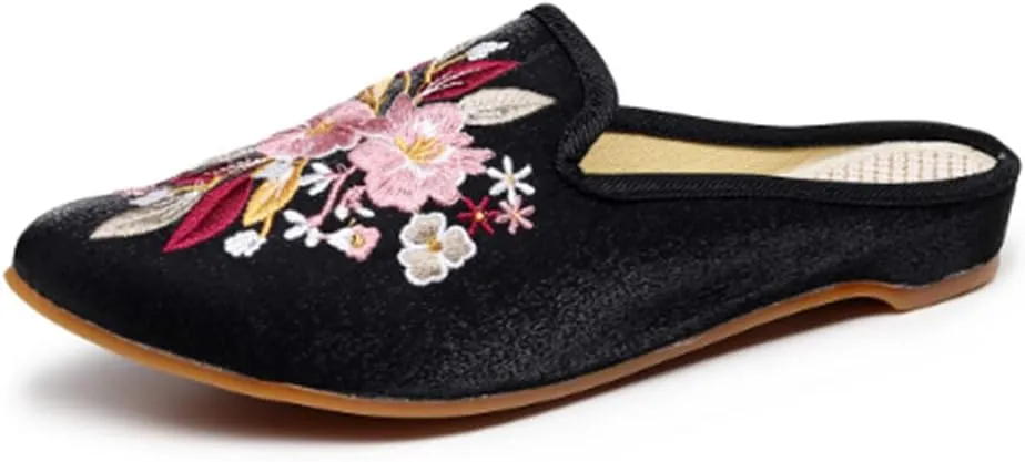 TangDao Women's Embroidered Backless Pointed Toe Slip On Loafers Comfortable Flats Embroidery Mule Slippers Shoes
