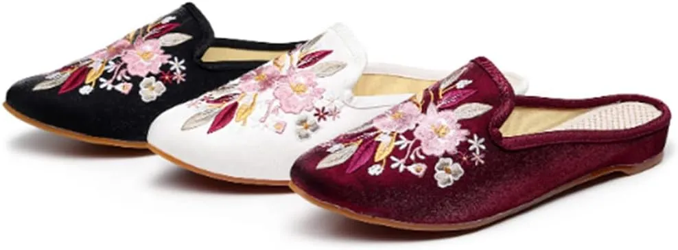 TangDao Women's Embroidered Backless Pointed Toe Slip On Loafers Comfortable Flats Embroidery Mule Slippers Shoes