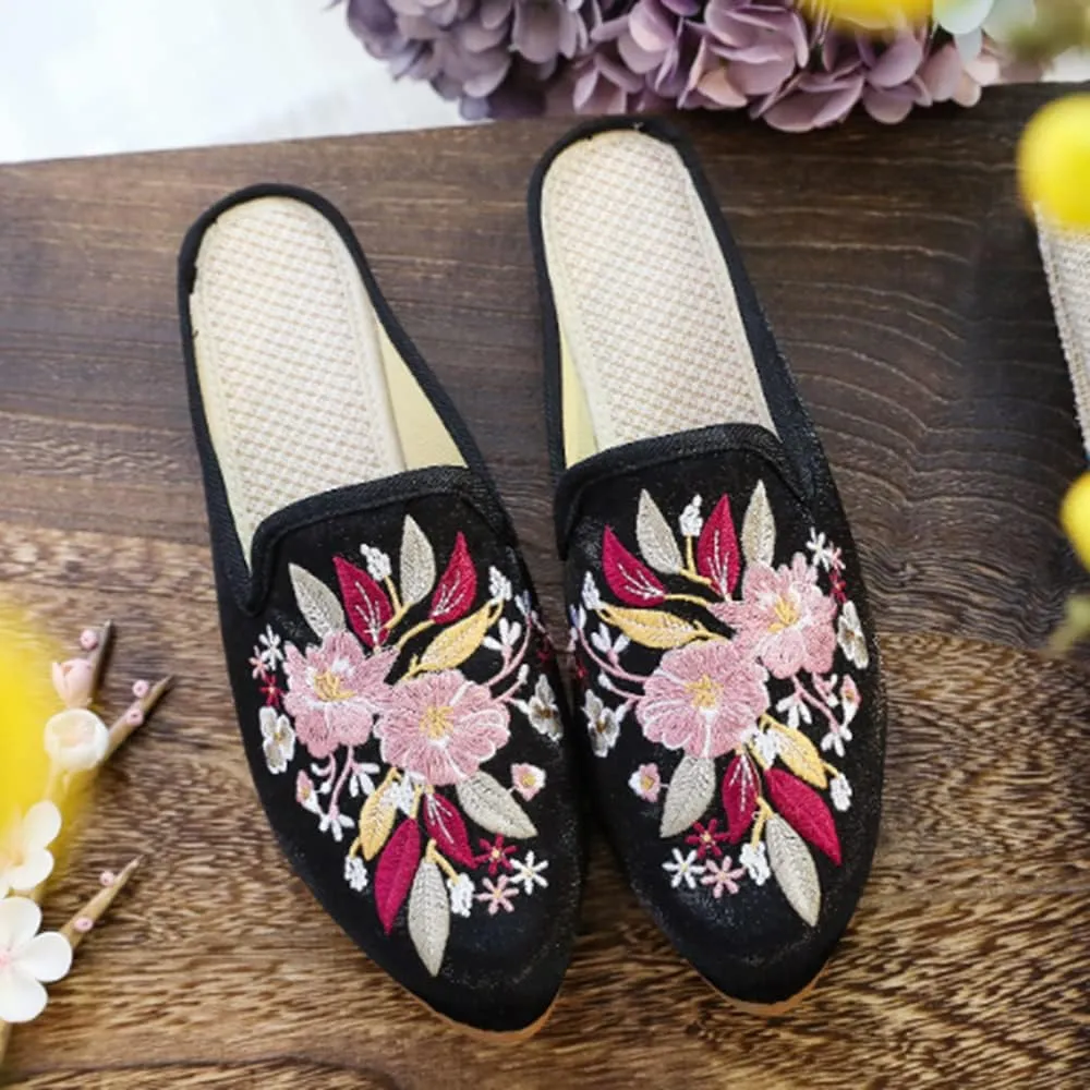 TangDao Women's Embroidered Backless Pointed Toe Slip On Loafers Comfortable Flats Embroidery Mule Slippers Shoes