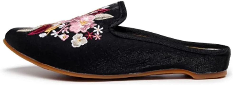 TangDao Women's Embroidered Backless Pointed Toe Slip On Loafers Comfortable Flats Embroidery Mule Slippers Shoes