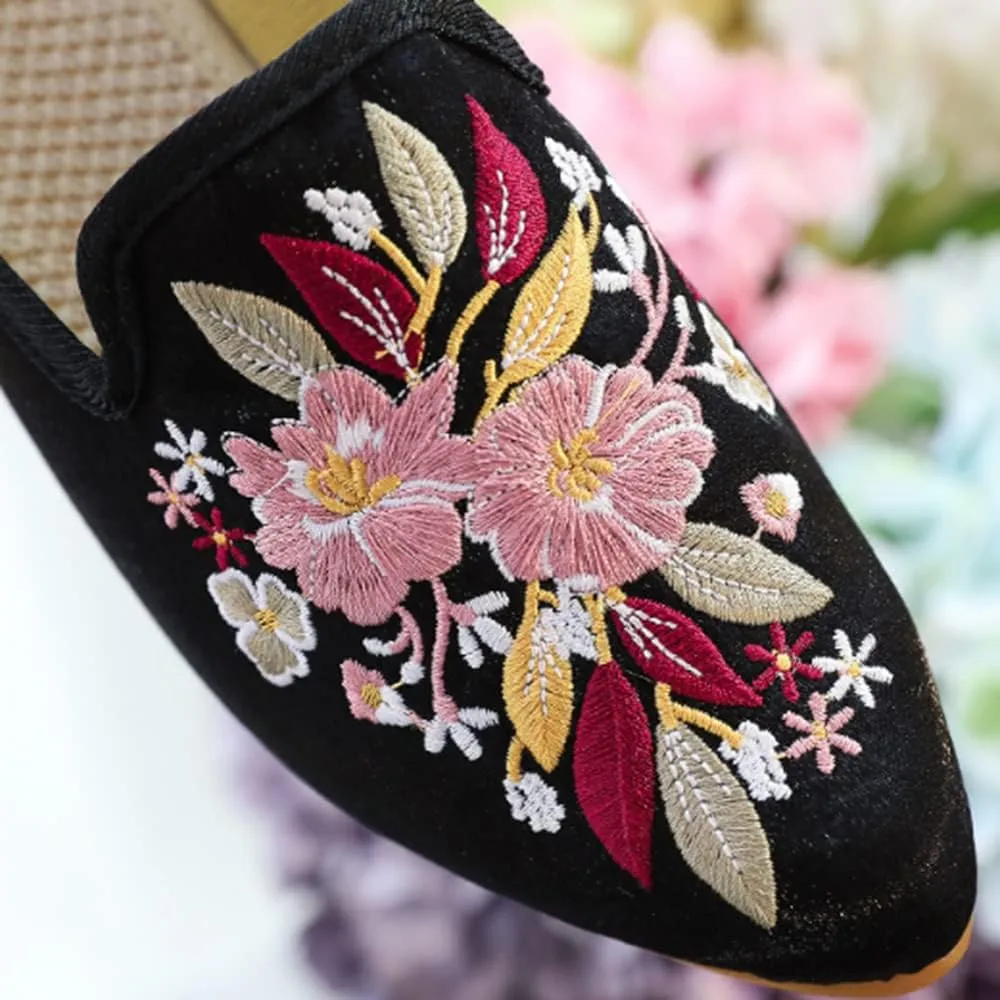 TangDao Women's Embroidered Backless Pointed Toe Slip On Loafers Comfortable Flats Embroidery Mule Slippers Shoes