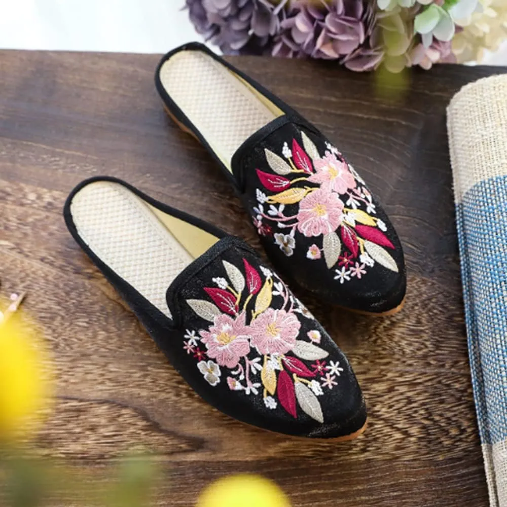 TangDao Women's Embroidered Backless Pointed Toe Slip On Loafers Comfortable Flats Embroidery Mule Slippers Shoes
