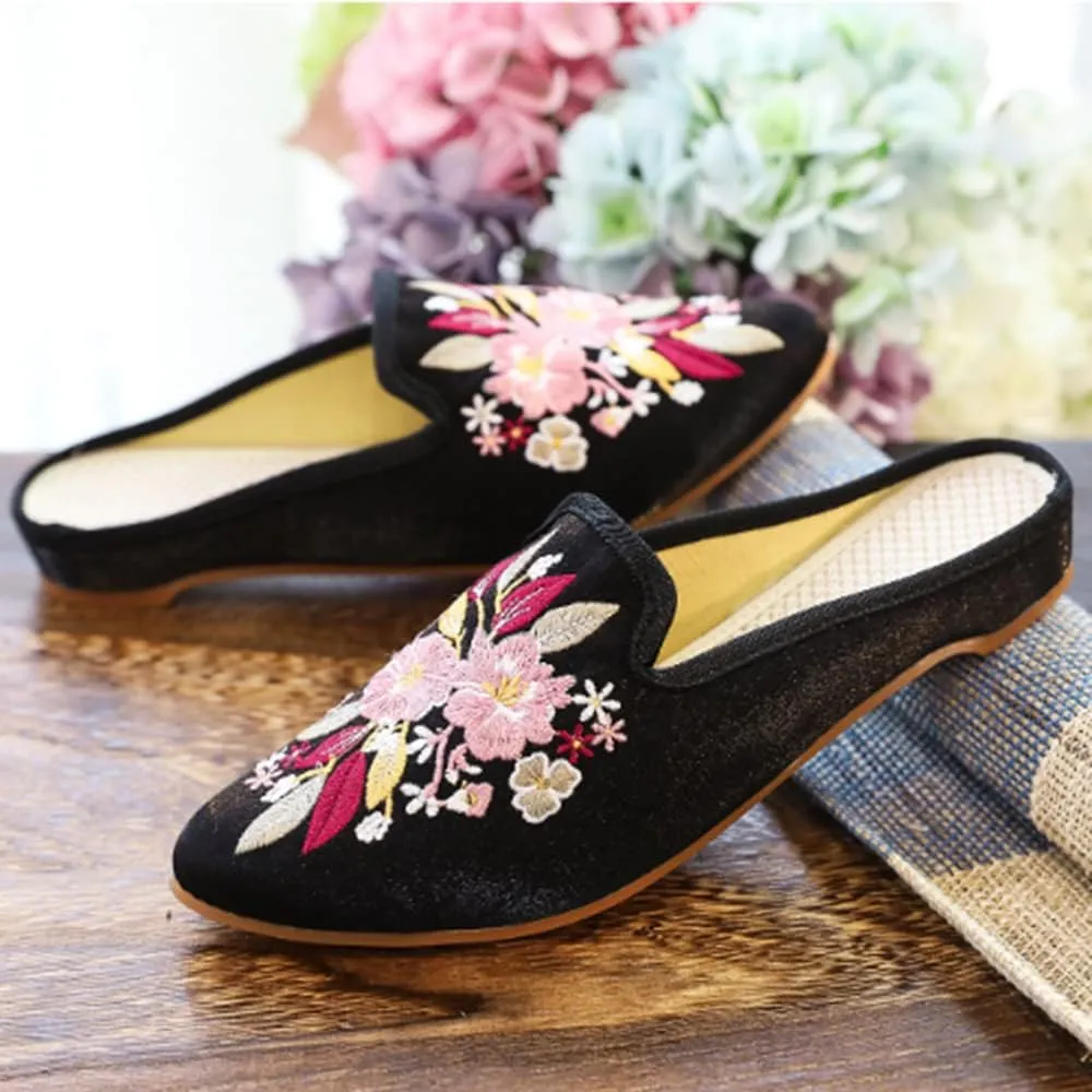 TangDao Women's Embroidered Backless Pointed Toe Slip On Loafers Comfortable Flats Embroidery Mule Slippers Shoes
