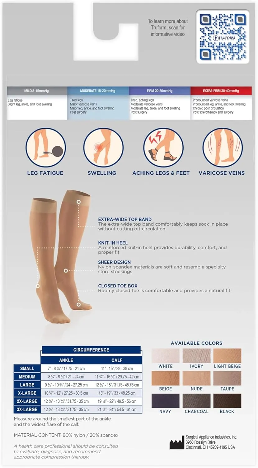 Truform Sheer Compression Stockings, 15-20 mmHg, Women's Knee High Length, Open Toe, 20 Denier, Black, Medium