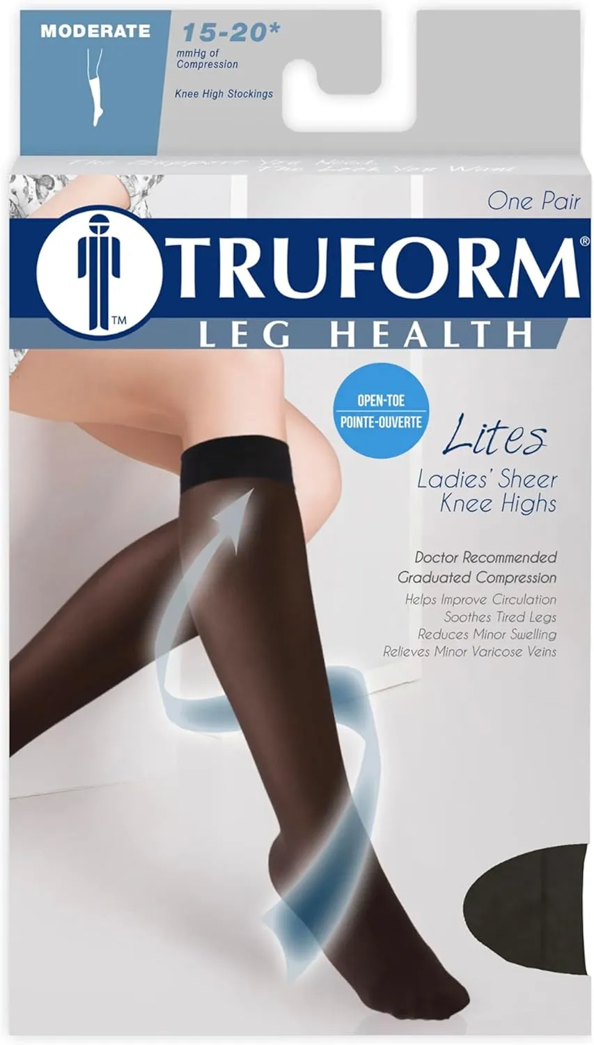 Truform Sheer Compression Stockings, 15-20 mmHg, Women's Knee High Length, Open Toe, 20 Denier, Black, Medium