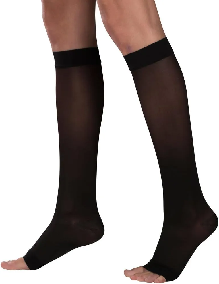Truform Sheer Compression Stockings, 15-20 mmHg, Women's Knee High Length, Open Toe, 20 Denier, Black, Medium