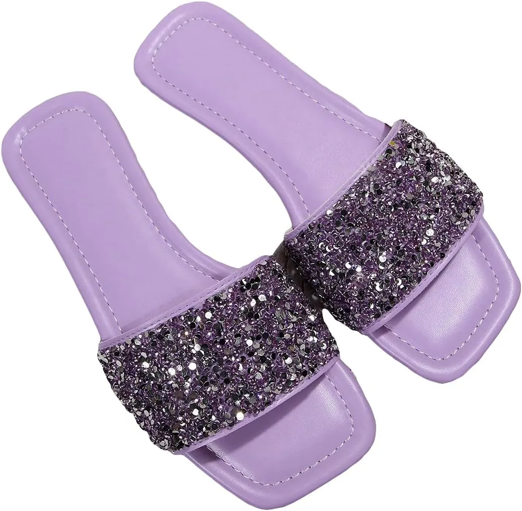 Verdusa Women's Rhinestone Sandals Glitter Casual Sandal Flats Open Toe Sparkle Slides