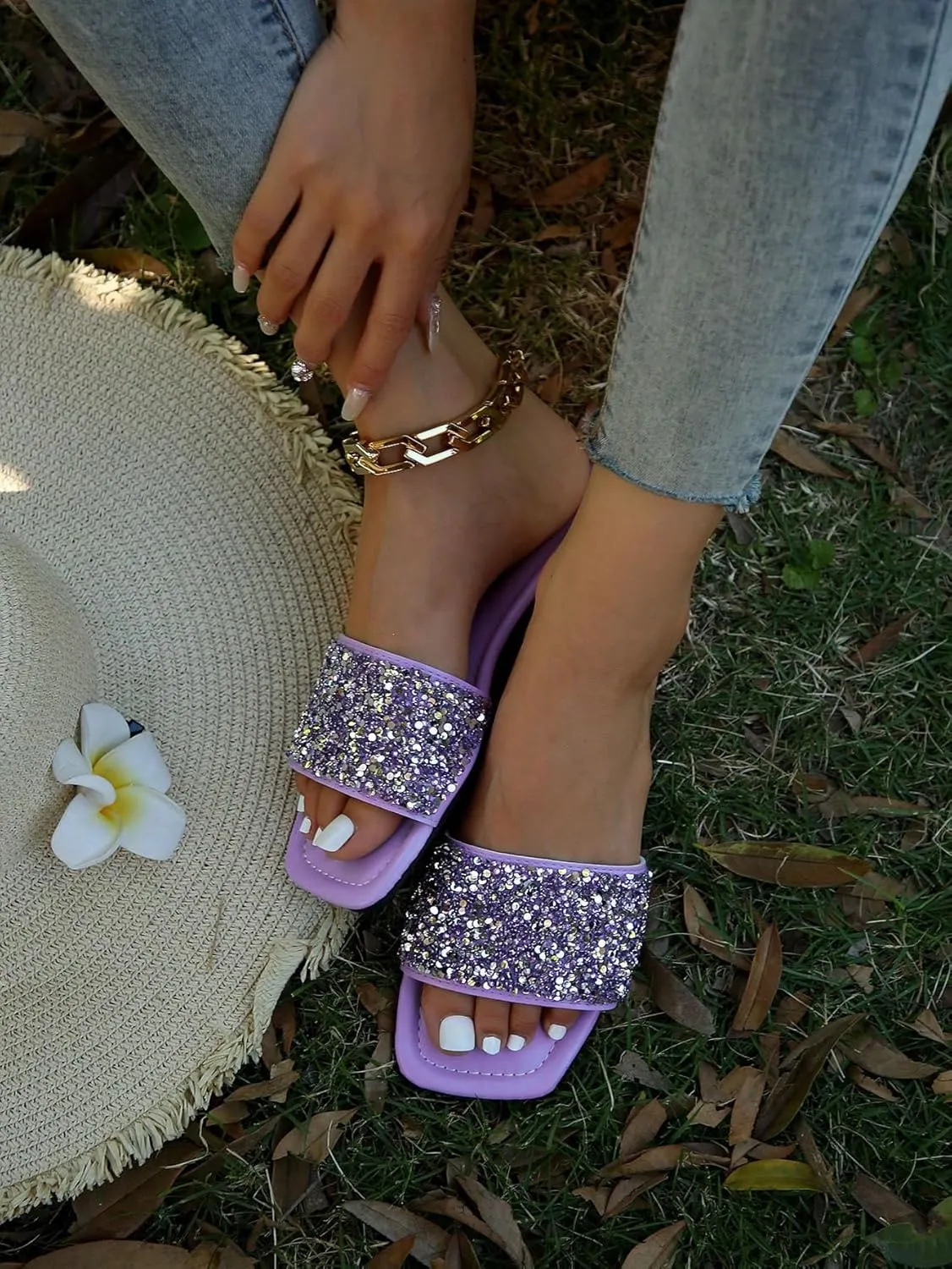 Verdusa Women's Rhinestone Sandals Glitter Casual Sandal Flats Open Toe Sparkle Slides