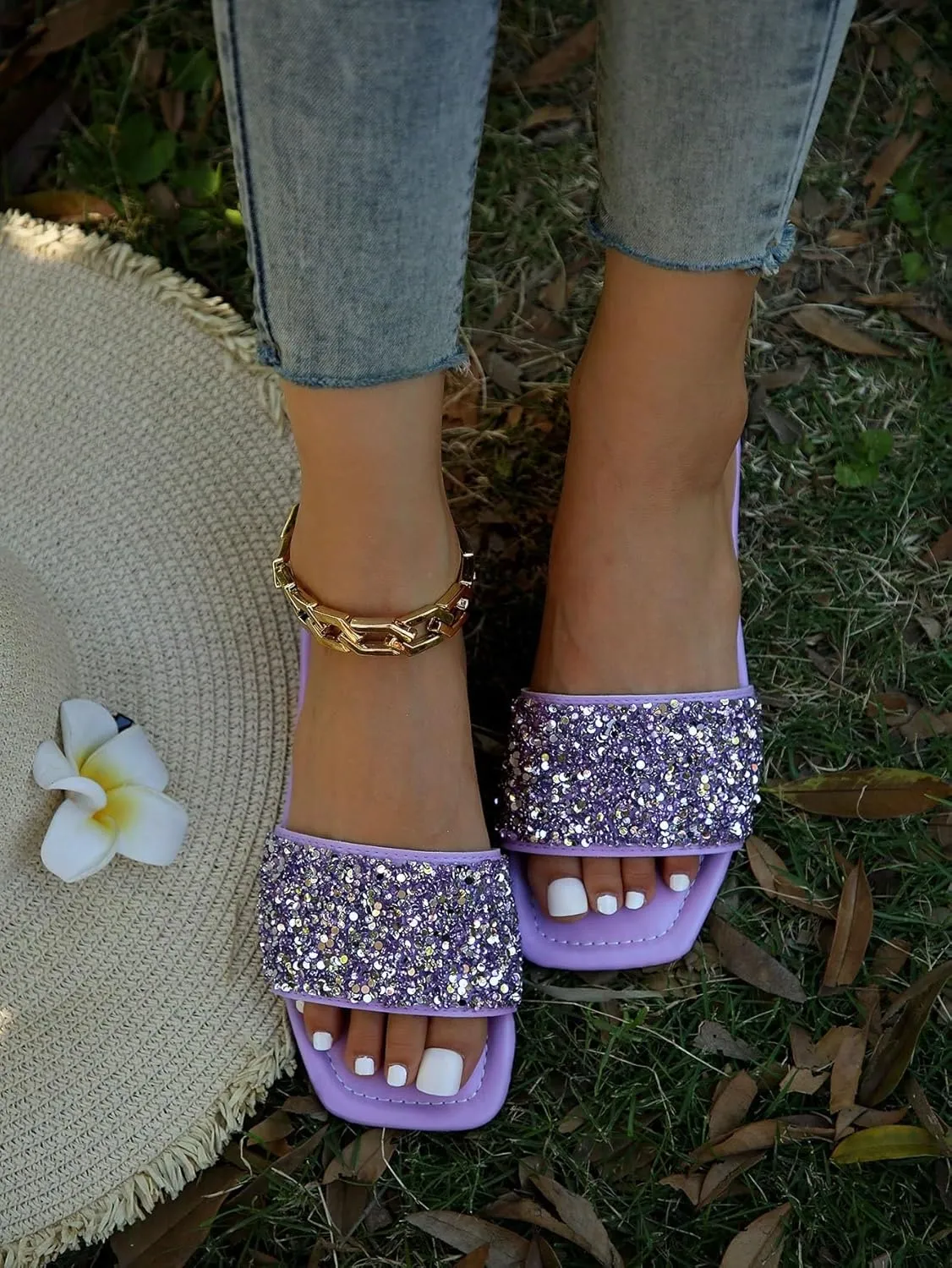 Verdusa Women's Rhinestone Sandals Glitter Casual Sandal Flats Open Toe Sparkle Slides