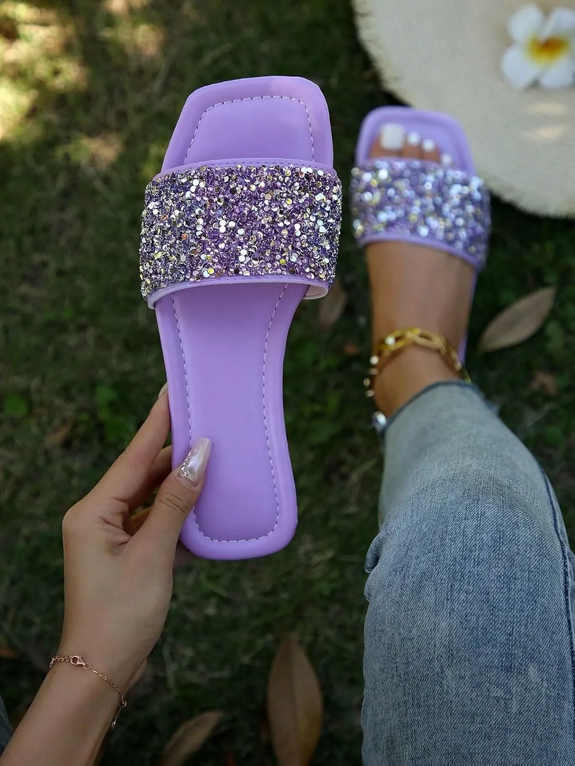 Verdusa Women's Rhinestone Sandals Glitter Casual Sandal Flats Open Toe Sparkle Slides