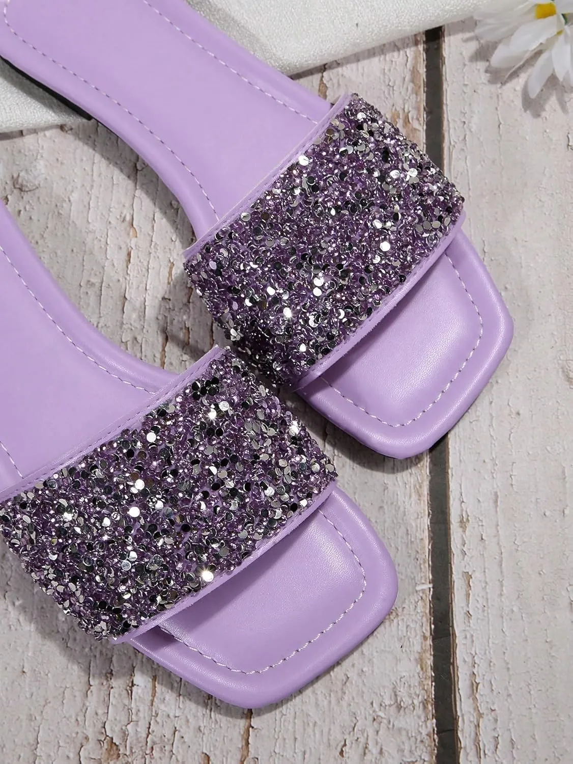 Verdusa Women's Rhinestone Sandals Glitter Casual Sandal Flats Open Toe Sparkle Slides
