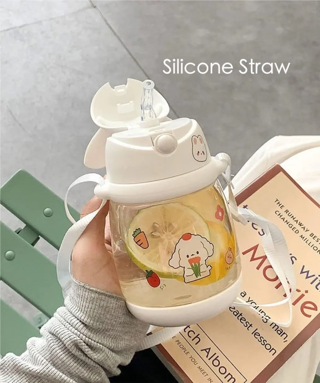 Water Bottle Kettle with Straw with Sticker Cute Rabbit Water Bottle School Sports Easy Open Leakproof Silicone Water Cup(White 3D Stickers,550ml)