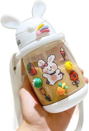 Water Bottle Kettle with Straw with Sticker Cute Rabbit Water Bottle School Sports Easy Open Leakproof Silicone Water Cup(White 3D Stickers,550ml)