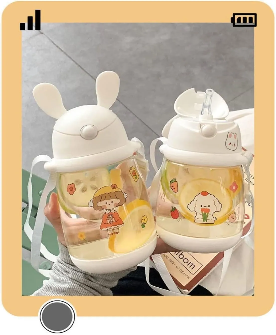 Water Bottle Kettle with Straw with Sticker Cute Rabbit Water Bottle School Sports Easy Open Leakproof Silicone Water Cup(White 3D Stickers,550ml)