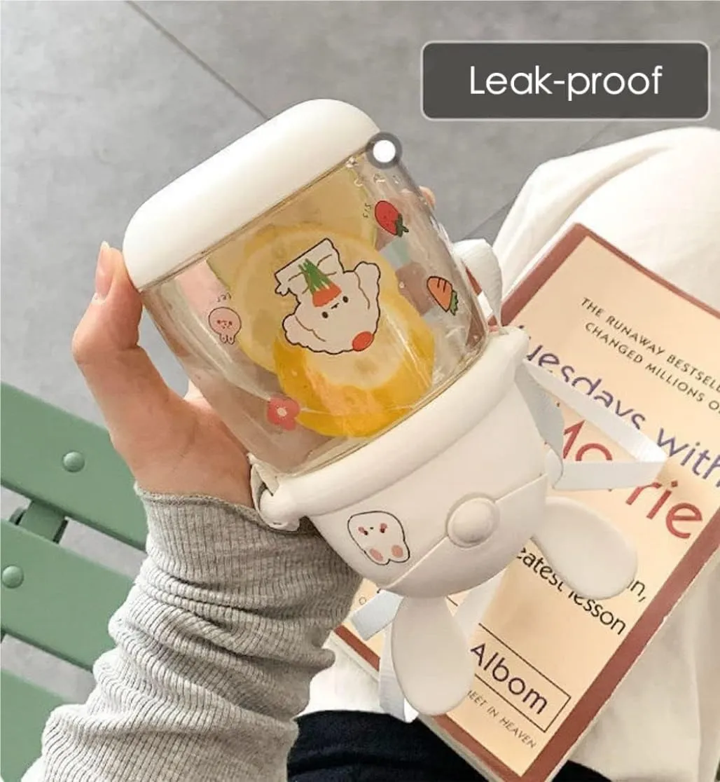 Water Bottle Kettle with Straw with Sticker Cute Rabbit Water Bottle School Sports Easy Open Leakproof Silicone Water Cup(White 3D Stickers,550ml)