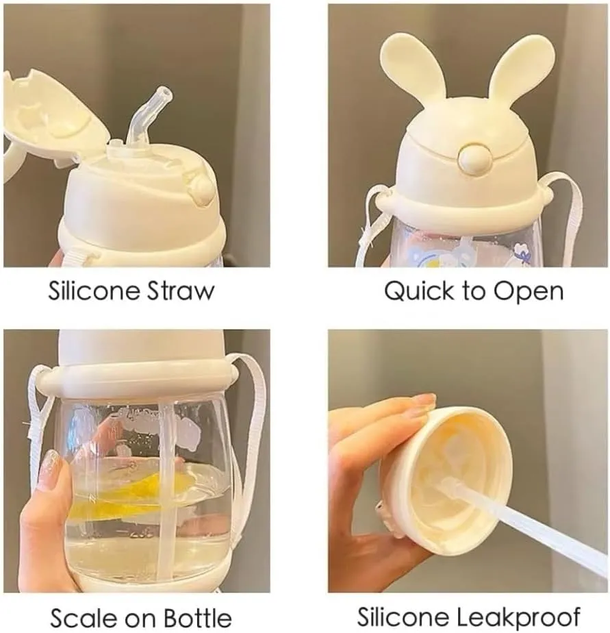Water Bottle Kettle with Straw with Sticker Cute Rabbit Water Bottle School Sports Easy Open Leakproof Silicone Water Cup(White 3D Stickers,550ml)