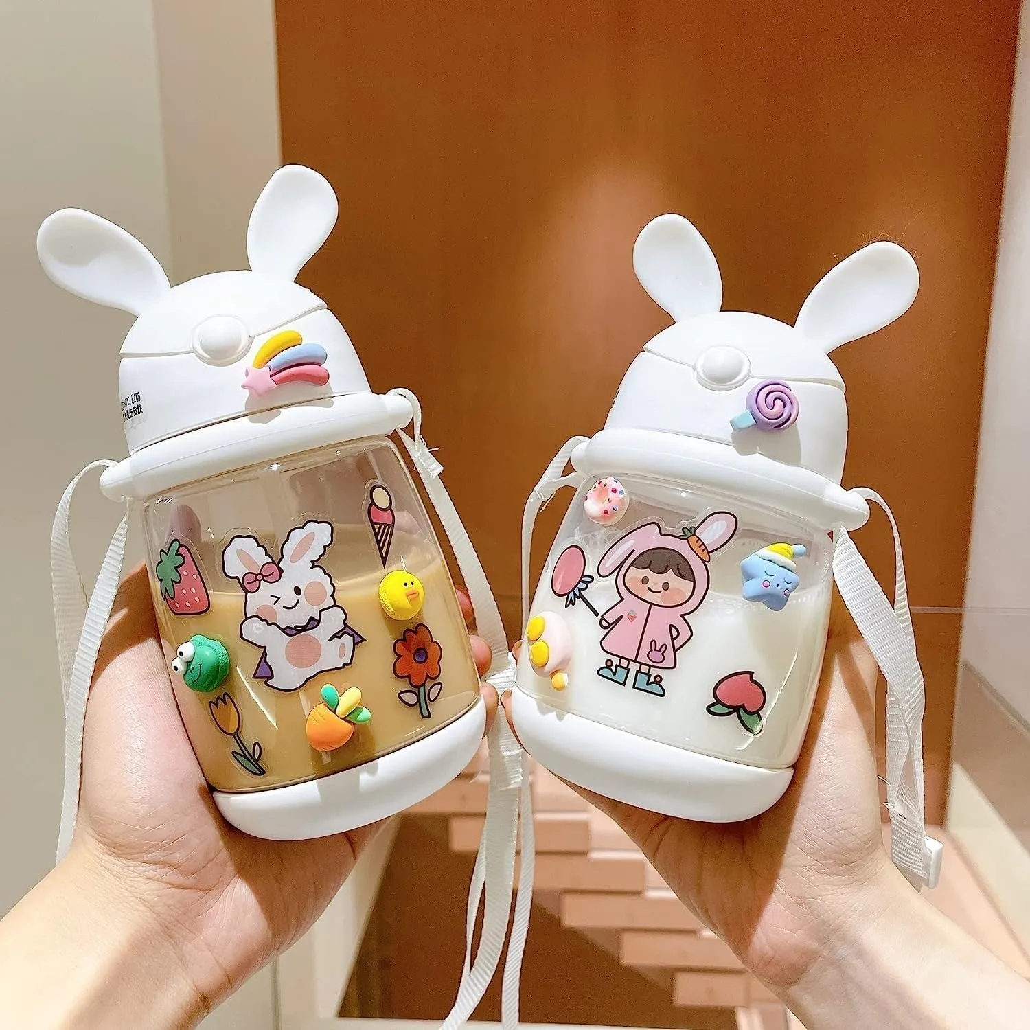 Water Bottle Kettle with Straw with Sticker Cute Rabbit Water Bottle School Sports Easy Open Leakproof Silicone Water Cup(White 3D Stickers,550ml)