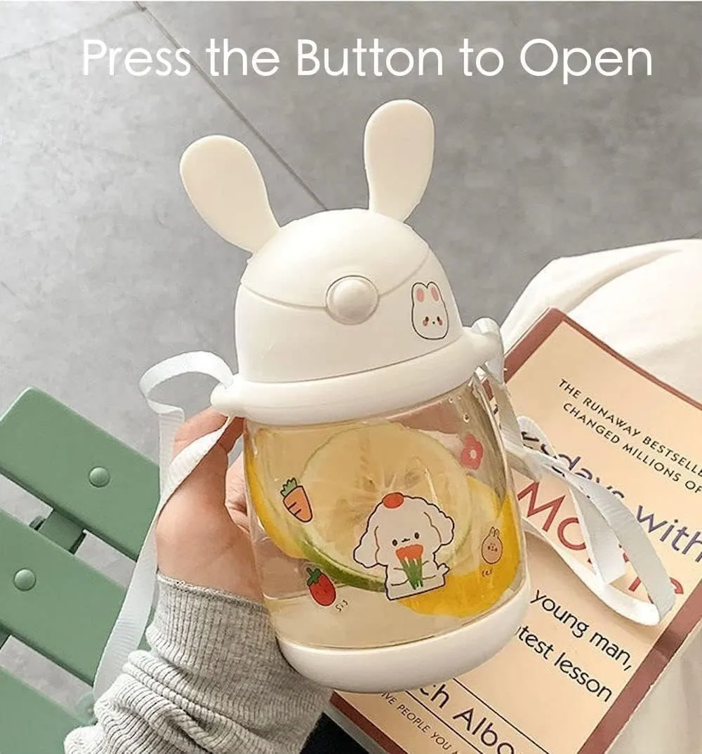 Water Bottle Kettle with Straw with Sticker Cute Rabbit Water Bottle School Sports Easy Open Leakproof Silicone Water Cup(White 3D Stickers,550ml)